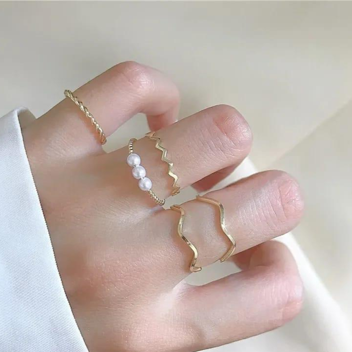 Style Pearl Thin Pack Of 5 Rings Set