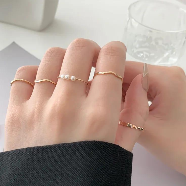 Style Pearl Thin Pack Of 5 Rings Set