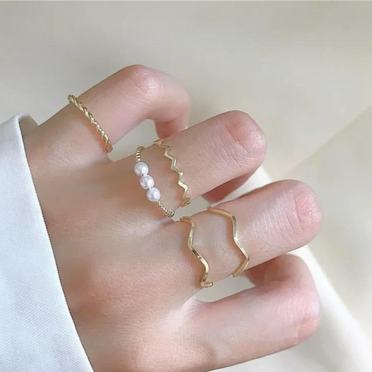 Style Pearl Thin Pack Of 5 Rings Set