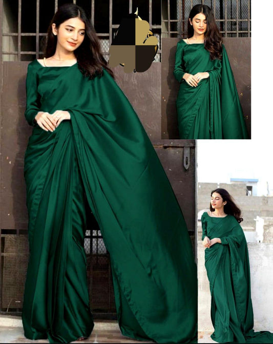 Stitched Saree Set - 2 Pcs Green Shalmose Silk with Blouse & Petticoat