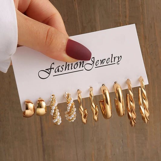 Gold Color Vintage Geometry Pearl Earrings