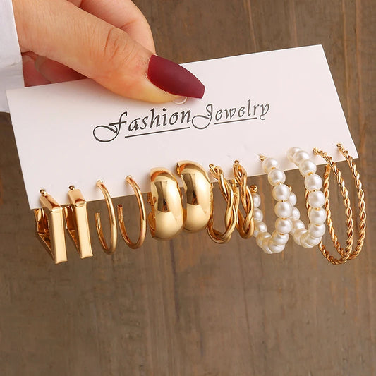 Gold Color Vintage Geometry Pearl Earrings
